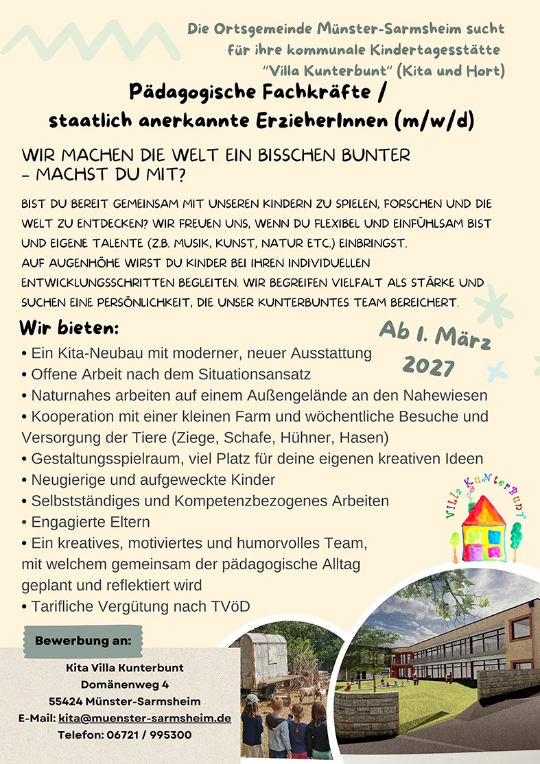 stellenanzieg-ab-0327-kita-villakunterbunt Stellenangebot Villa Kunterbunt Münster-Sarmsheim ab März 2027. Bewerbung schon heute.